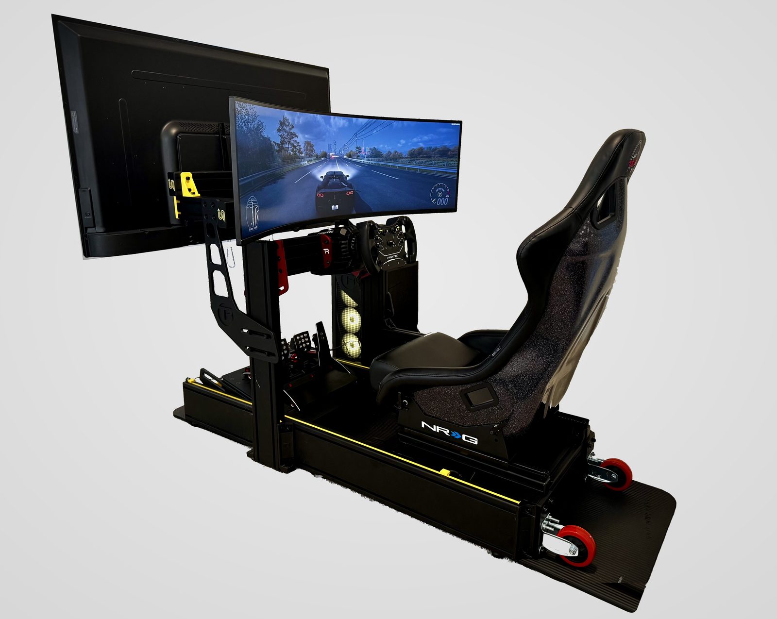 The Stinger sim racing rig: direct-drive wheel, load-cell pedals, NRG bucket seat, and curved display on an aluminum frame